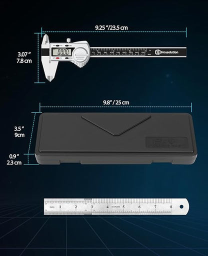Housolution Digital Caliper 6 inch,(ABS) Absolute Scale Caliper,IP54 Caliper Measuring Tool, Inch/MM, Auto-Off LCD Stainless Steel Waterproof Micrometer Vernier Caliper, with Steel Ruler, Silver