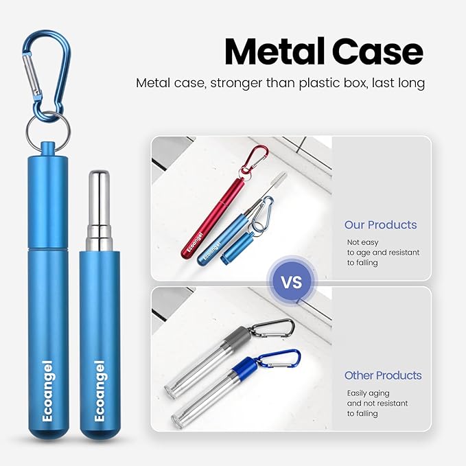 Cruise Ship Essentials,4-Pack reusable Collapsible Stainless Steel Drinking Straws with Aluminum Case,Cleaning Brush,and Keychains-Silver,Blue,Red,Green