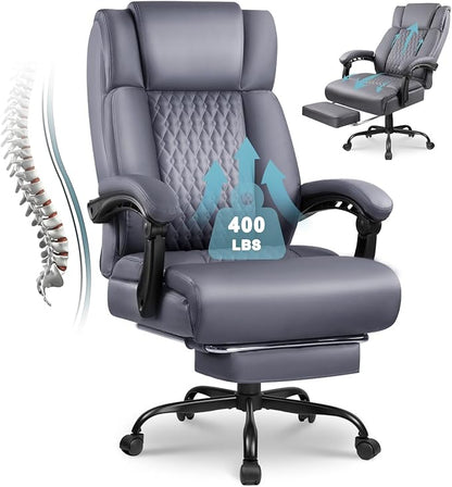 Big and Tall Office Chair with Foot Rest 400lbs, Heavy Duty Executive Leather Office Chair for Heavy People, Grey High Back Ergonomic Comfy Office Desk Chair with Lumbar Support and Footrest