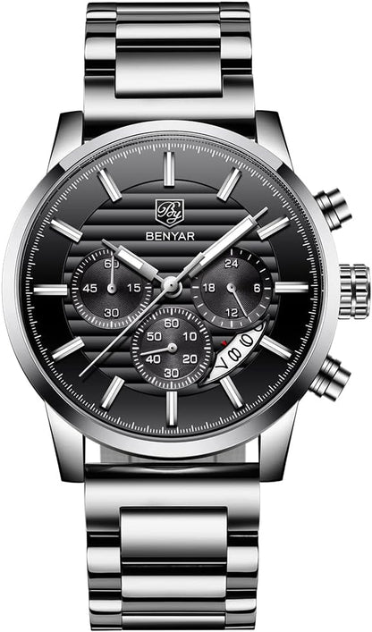 BENYAR Quartz Chronograph Waterproof Watches Business and Sport Design Leather Band Strap Wrist Watch for Men