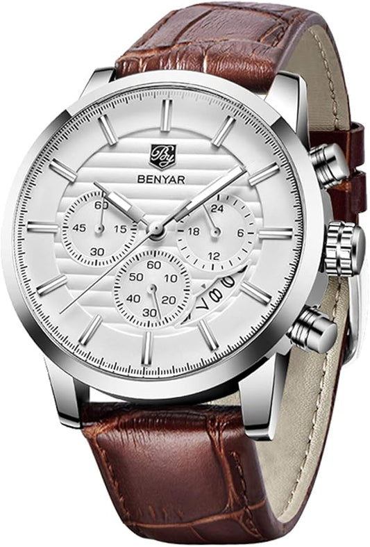 BENYAR Quartz Chronograph Waterproof Watches Business and Sport Design Leather Band Strap Wrist Watch for Men