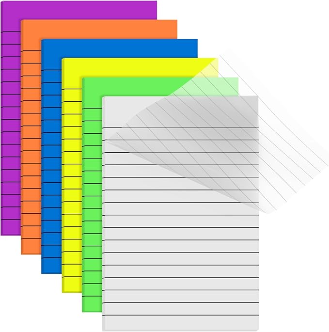Yinder 6 Pack 180 Sheets Pastel Transparent Sticky Notes Translucent Clear Lined Self Sticky Note, Back to School Gifts for Bible Tabs, Book Tabs, School Supplies, Office, 4 x 6 Inch(Bright Color)