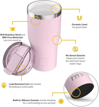 RTIC 30oz Essential Tumbler with Lid, Ceramic Lined, Insulated, Stainless Steel, Metal, Double Wall Vacuum-Insulation, Travel Cup for Iced Coffee, Tea, Hot and Cold Drink, Pale Pink