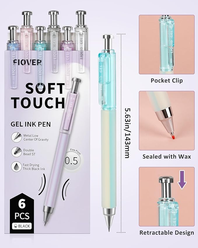 FIOVER Gel Pens, 6 Pcs 0.5mm Quick Dry Black Ink Pens, Fine Point Smooth Writing Pens, Retractable with Silicone Grip, High-End Cute Aesthetic Office School Supplies, Gifts for Women Men (6pcs black)
