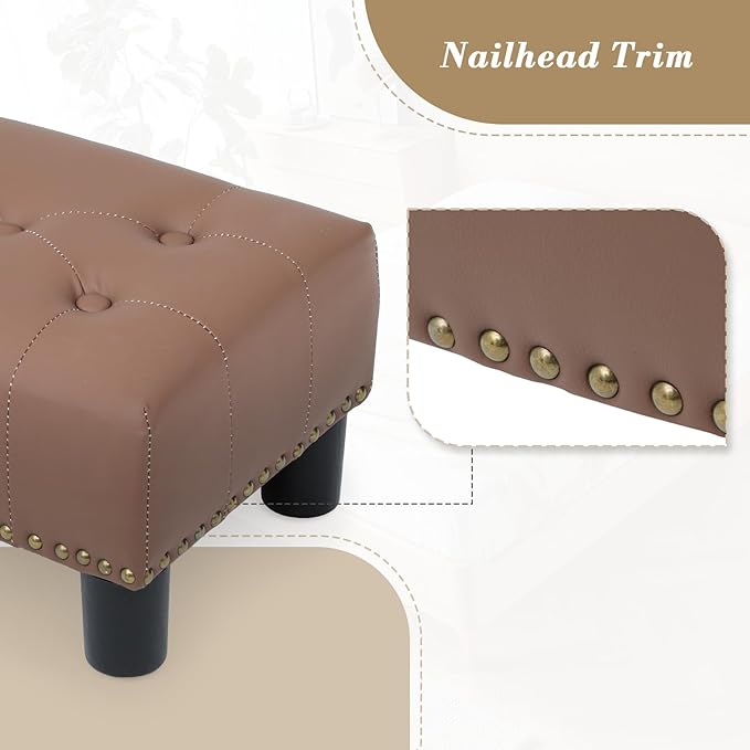 Athena Collection Small Ottoman Foot Rest with Legs, PU Leather Ottoman Foot Stool with Soft Padded seat, Square Footstool FootRest for Living Room, Bedroom, Office, Brown