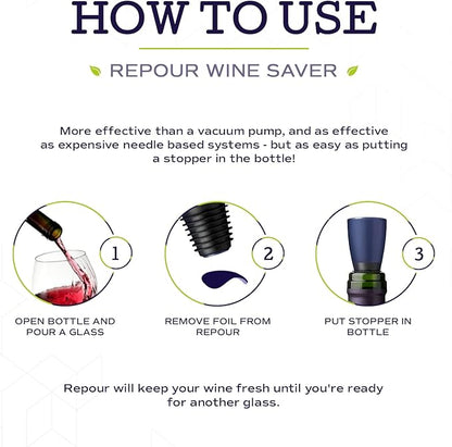 Repour Wine Saver and Stopper - Removes Oxygen, Preserving and Keeping Wine As Fresh As The Day The Bottle Was Opened - 4-Pack - Black