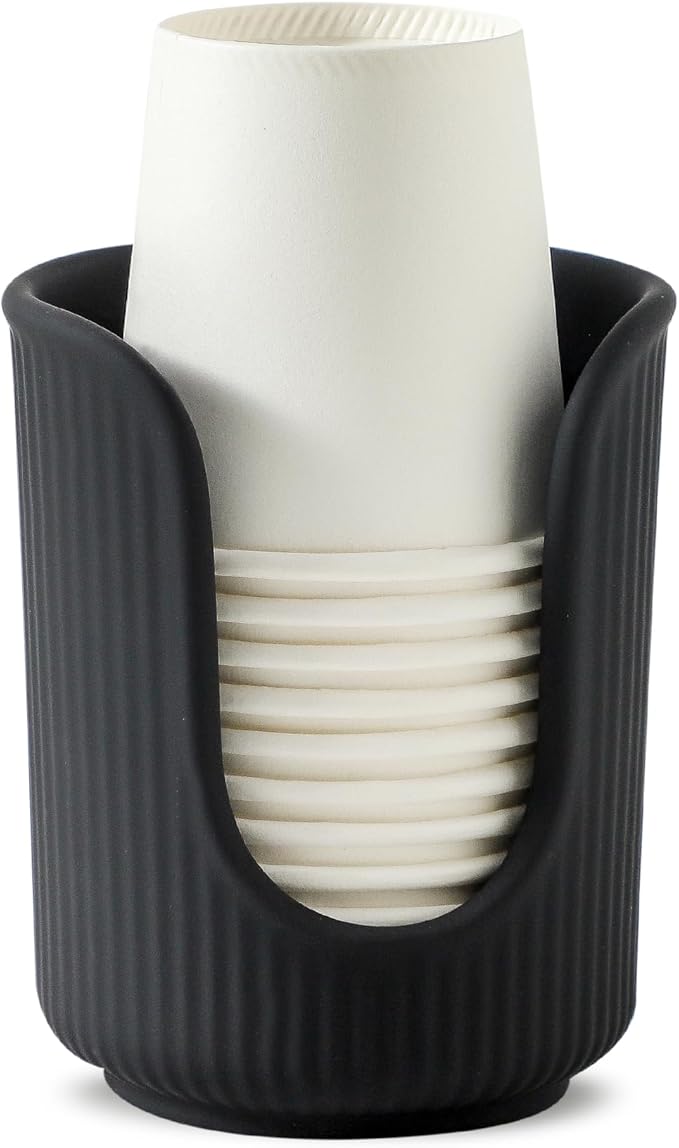 Ceramic Bathroom Cup Dispenser with Stylish Vertical Stripes - Disposable Mouthwash Cup Holder Holds 3-4oz Paper Cups for Rinsing Cups on Bathroom Vanity Countertops (Matte Black)