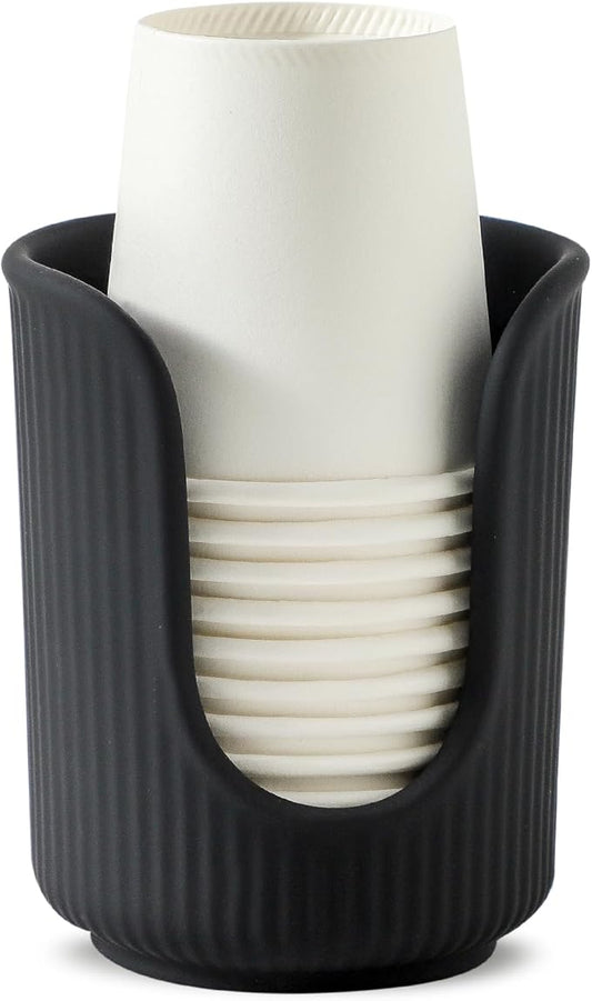 Ceramic Bathroom Cup Dispenser with Stylish Vertical Stripes - Disposable Mouthwash Cup Holder Holds 3-4oz Paper Cups for Rinsing Cups on Bathroom Vanity Countertops (Matte Black)
