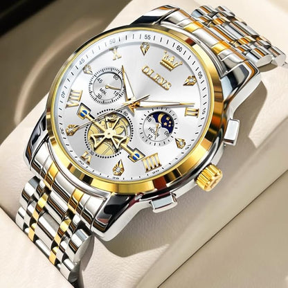 OLEVS Men Silver Watches,Men's Stainless Steel Chronograph Watch,Man Analog Quartz Big Face Male Watches Luxury Waterproof Roman Numeral Dress Diamond Relojes para Hombre