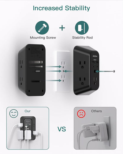 Surge Protector Outlet Extender, Addtam Multi Plug Wall Outlet with 4 USB Ports(2 USB-C), 3-Sided 1800J Power Strip Plug Extension Outlet Splitter, Black