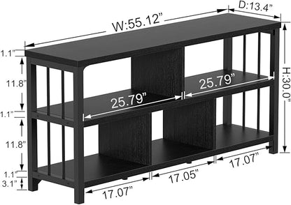 IBF 55“ Black Bookshelf, Industrial Open Horizontal Cube Book Shelf, Low Wide Home 5 Cube Storage Organizer Long Shelf for Bedroom, Wood and Metal Cubby Bookcase for Living Room, Black Oak, 55 inch