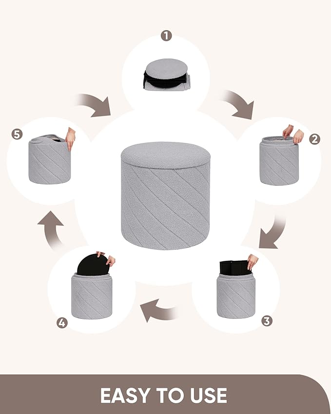B FSOBEIIALEO Ottoman with Stroage, Boucle Round Storage Ottoman with Tray,Foot Rest Stool for Dorm Room, Living Room Grey, 12.99"x12.99"x13.78"