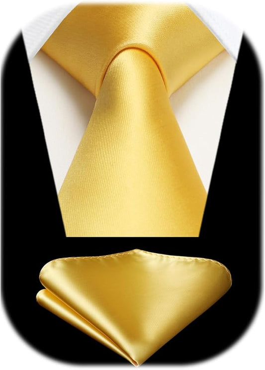 HISDERN Mens Solid Color Ties Formal Satin Necktie and Pocket Square Set Classic Wedding Business Tie & Handkerchief