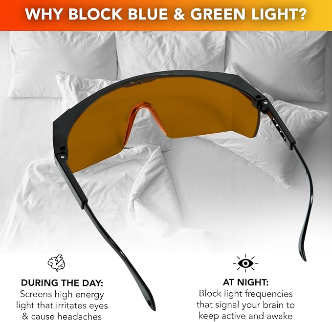 Sleep Enhancing Amber Glasses, Anti Blue and Green Blocking Glasses Night time Eye Wear, Better Night Sleep Eye Glasses Reduce Eye strain, Perfect for Mens or Womens
