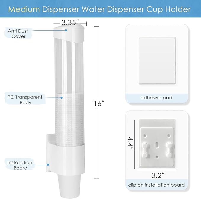 Cup Dispenser Medium Pull Type, Paste or Screw Plate Mountable Cup Holder, Fits 5oz - 7oz Cone or Flat Bottom Cups, 16” Tube Length, Mounting Water Dispenser Cooler or Wall (Medium, White)