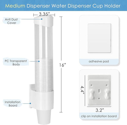 Cup Dispenser Medium Pull Type, Paste or Screw Plate Mountable Cup Holder, Fits 5oz - 7oz Cone or Flat Bottom Cups, 16” Tube Length, Mounting Water Dispenser Cooler or Wall (Medium, White)