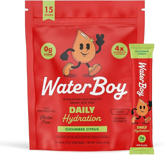 Waterboy Daily Hydration | 1,570mg Electrolyte Powder Packets | No Sugar, All Natural, Gluten Free, Zero Calories | 15 Drink Stick Mixes (Cucumber Citrus)