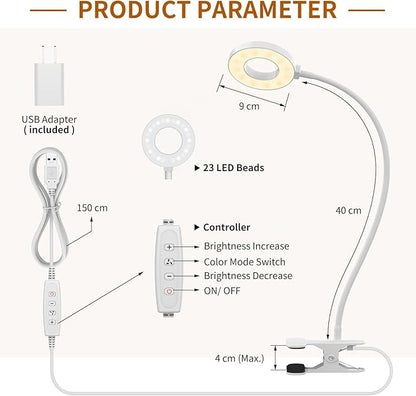 iZELL Reading Light, USB Clamp Lamp for Child Reading Book in Bed at Night, LED Small Desk Lamp with Silicone Adjustable Arm Clip on Beside Table for Studying Working Drafting Sewing - 15.8‘’ White