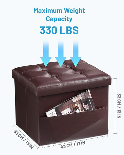 AmasSmile 2PC Storage Ottoman Folding Foot Rest Stool with Side Pocket, 16 inch Leather Footstool Bench, Short Ottoman Bench, Storage Foot Rest Store, Books, Brown