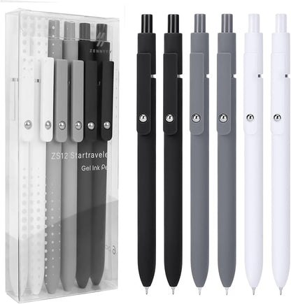 FIOVER Gel Pens, 6pcs 0.5mm Fine Point Black Ink, Smooth Writing Pens for Journaling, Nurse Aesthetic Cute Office School Supplies, Gifts for Women and Men(6Pcs Black White Grey-Black Ink)