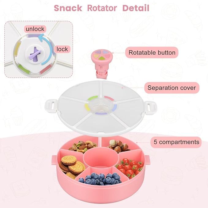 Snack Rotator Container Reusable Snack Box with 5 Compartment Dispenser and Lid, Color Matching Opening Lid, BPA and PVC Free, for Home, School, Travel (2 Pack- Pink)