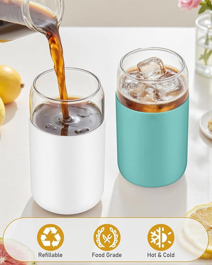 sungwoo Glass Cups with Lids and Straws, 4 Pack 16OZ Iced Coffee Cups with Silicone Sleeve, Glass Tumbler with Straw and Bamboo Lid, Home Essential Drinking Set for Juice, Cocktail and Tea White&Green