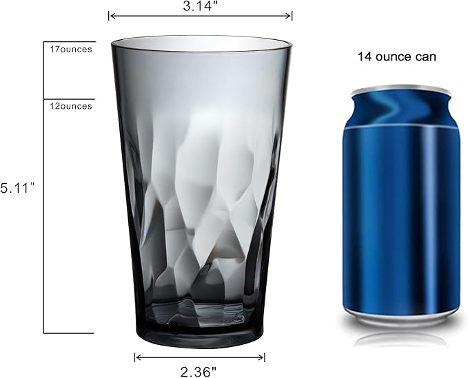 Unbreakable Plastic Drinking Glasses, Set of 6, Shatterproof Drinking Cups, Plastic glass cup,16 oz plastic Tumbler Cups,Dishwasher Safe (Grey)