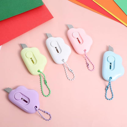 Cloud Shaped Retractable Box Cutter Set - 10 Pack Mini Utility Knife Letter Opener Envelope Slitter, Small Package Opener Paper Cutters with Keychain Hole