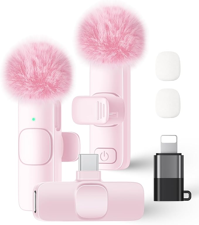Wireless Lavalier Microphone for iPhone iPad and Android Phone, 2 Pack Lapel Mic Plug and Play Wireless Mic Noise Reduction Microphone for Video Recording Interview Podcast Vlog YouTube Tiktok (Pink)