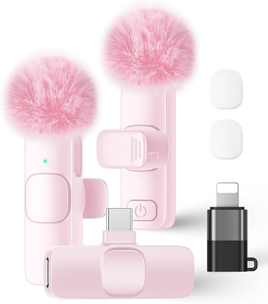 Wireless Lavalier Microphone for iPhone iPad and Android Phone, 2 Pack Lapel Mic Plug and Play Wireless Mic Noise Reduction Microphone for Video Recording Interview Podcast Vlog YouTube Tiktok (Pink)