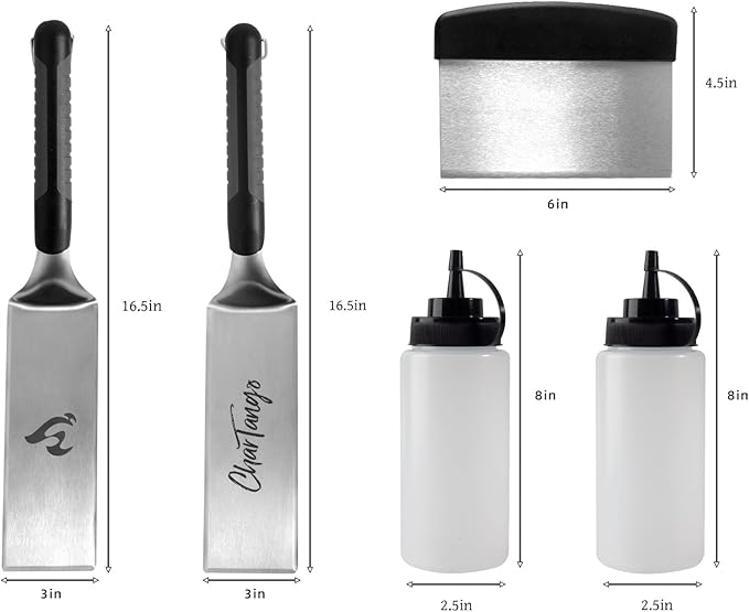 Blackstone-Compatible 5-Piece Griddle Spatula Set - 3mm Heavy-Duty Stainless Steel Tools w/ Scraper & 2 BPA-Free Oil Bottles - Fits Blackstone/Camp Chef - Ideal for Hibachi, Camping BBQ & Grill Gift