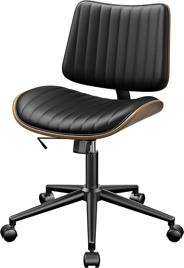 Armless Office Chair, Mid Century Modern Desk Chair with Walnut Wood Back & SGS Level 3 Gas Lift, Swivel PU Leather Computer Chair for Small Space, Home Office, Bedroom, 300lbs Cap, Black