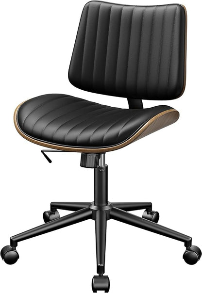 Armless Office Chair, Mid Century Modern Desk Chair with Walnut Wood Back & SGS Level 3 Gas Lift, Swivel PU Leather Computer Chair for Small Space, Home Office, Bedroom, 300lbs Cap, Black