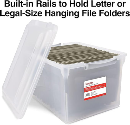 TRU RED Staples Store & Slide Hanging File Box, Latch Lid, Letter/Legal Size, Clear