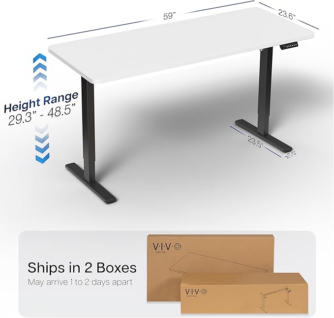 VIVO Electric 60 x 24 in Standing Desk, Memory Height Adjustment, 1B Series, One-Piece White Top, Black Frame, DESK-KIT-1B6W