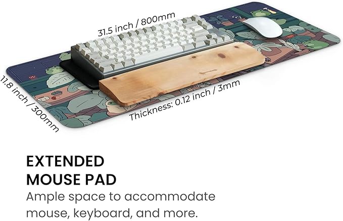 MAY FLOWER Large Gaming Mouse Pad, Full Keyboard Mat, Long Laptop Mousepad, Computer Mouse Mat for Home and Office, Anti-Slip Rubber Base, 31.5 x 11.8 Inches (Green Frog)