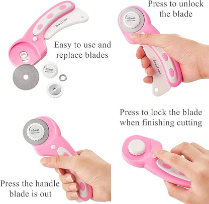 Headley Tools Rotary Cutter Set - 45mm Fabric Cutter, 5 Replacement Rotary Blades, A3 Cutting Mat, Quilting Ruler and Sewing Clips, Craft Knife Set, Ideal for Crafting, Sewing, Patchworking, Pink