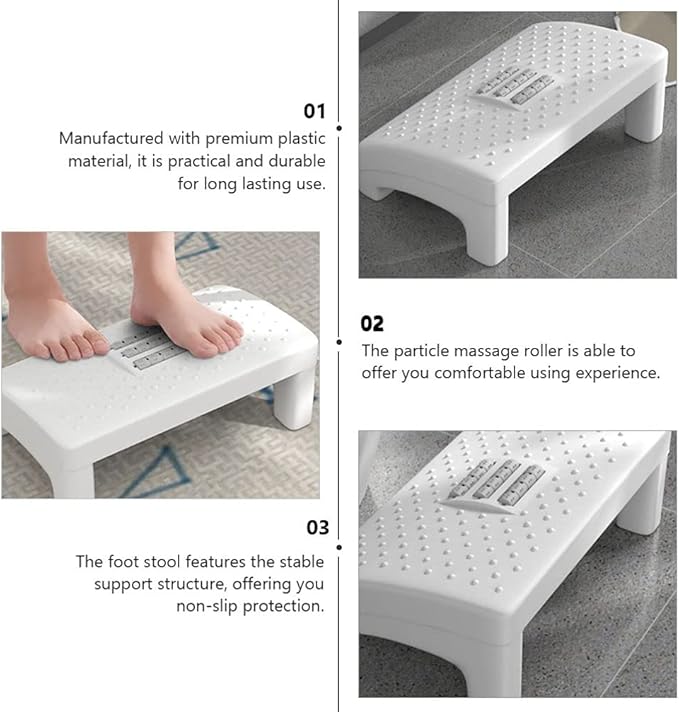 Milisten White Plastic Foot Stool with Massage Rollers Non-Slip Ergonomic Foot Rest for Under Desk Use Office and Home Support