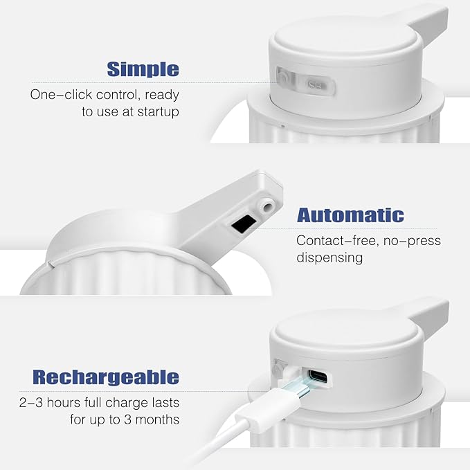 Automatic Soap Dispenser Liquid Touchless: 9oz Plastic White - Rechargeable Electric Smart 3-Level Adjustable Modern Auto Soap Dispenser - Bathroom Kitchen Hand Dish Lotion