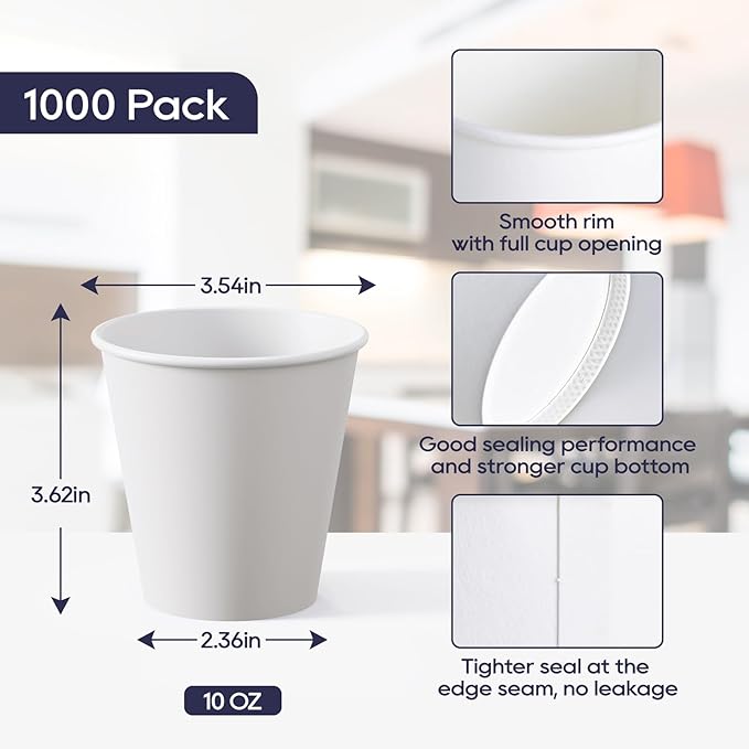 LITOPAK 1000 pack 10 oz Disposable Paper Coffee Cup, Hot Paper Coffee Cups, 10 oz White Paper Cups for Offices, Schools, Shops, Restaurants