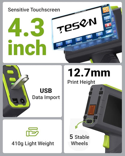 TESEN Upgraded Handheld Printer at 0.5 Inch Print Height with Sensor Printing on Production Line Use Fast Dry Ink to Print Date Time Logo Barcode QR Code Batch Number Anywhere (Works Over 16 Hours)