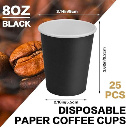 Paper Cups 8 oz 25 Pack, Disposable Paper Coffee Cups, Disposable Paper Cups for Hot or Cold Beverage Drinking for Halloween, Party, Picnic, BBQ, Travel, and Event -Black