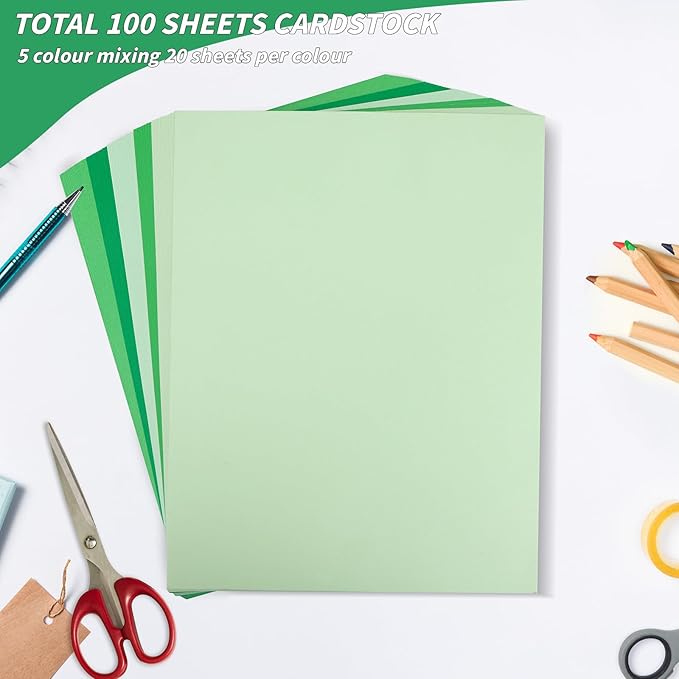 100 Sheets Green Colored Cardstock Thick Paper, 5 Colors Assorted Blue Colored Card Stock Paper 65lb/180gsm Perfect for Festive Decor DIY Greeting Cards Arts and Crafts