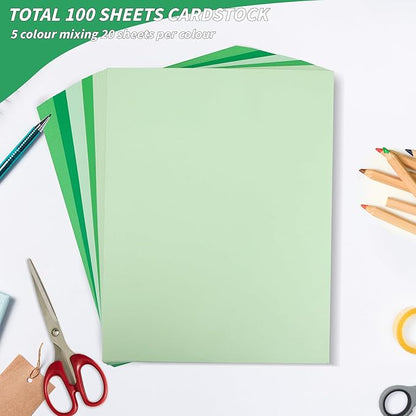 100 Sheets Green Colored Cardstock Thick Paper, 5 Colors Assorted Blue Colored Card Stock Paper 65lb/180gsm Perfect for Festive Decor DIY Greeting Cards Arts and Crafts