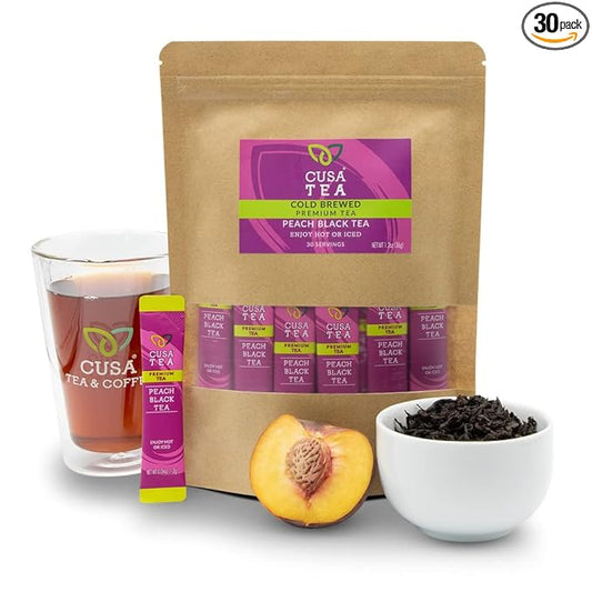 Cusa Tea & Coffee | Premium Instant Peach Black Tea With Real Fruit & Spices | Organic Leaves Drink Mix Packets | Hot or Iced Tea (30 Single Servings)