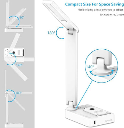 Drevet LED Desk Lamp with Wireless Charger, Desk Table Light with USB Charging Port and 2 Outlets, 3 Lighting Modes, 3 Level Brightness, 1H Timer, Touch Control, Eye-Caring Home Office Lamp, White