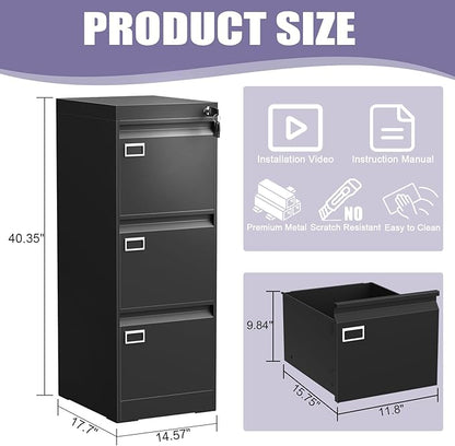 3 Drawer Metal File Cabinet with Lock, Small Locking Filing Cabinets, Vertical File Cabinet with Key, Black Under Desk Filing Cabinets for Home Office