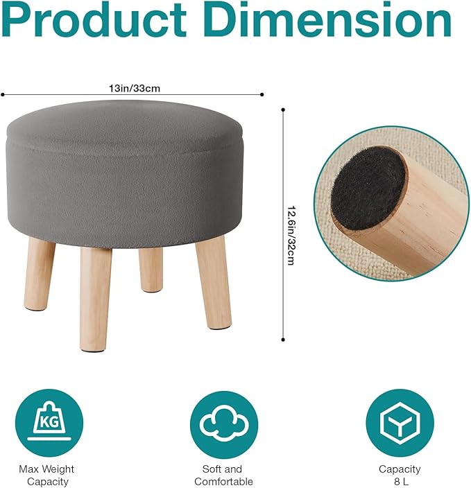 Poofzy Small Ottoman with Storage, Small Foot Stool Ottoman with Wood Legs, Velvet Foot Rest for Couch, Living Room and Bedroom - Gray