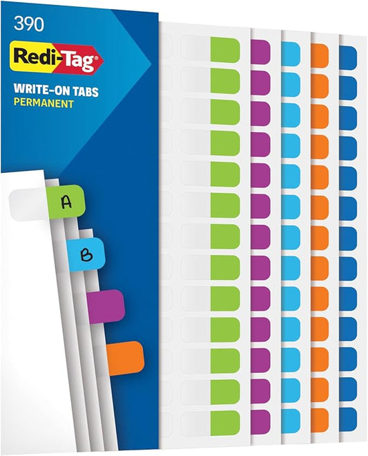 Redi-Tag Write-On Tabs, Permanent Adhesive Index Tabs, Tropical Colors: Purple, Green, Blue, Dark Blue, Orange, 1" x 7/16", 390 Pack (1009305)