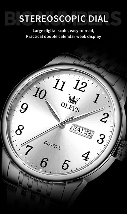 OLEVS Mens Watch Stainless Steel Analog Quartz Watches for Men Day Date Easy Read Diamond Waterproof Dress Luxury Classic Casual Big Face Blue/Black/Gold/Silver Roman Arabic Numerals Men's Wrist Watch
